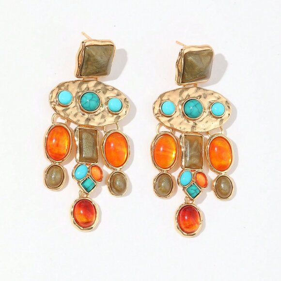 Multicolor boho Women's Exaggerated faux Turquoise Resin dangly Earrings - Picture 3 of 3